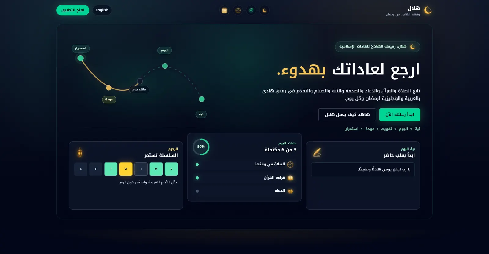 Hilal Arabic dashboard showing Ramadan progress, daily habits, prayer times and companion