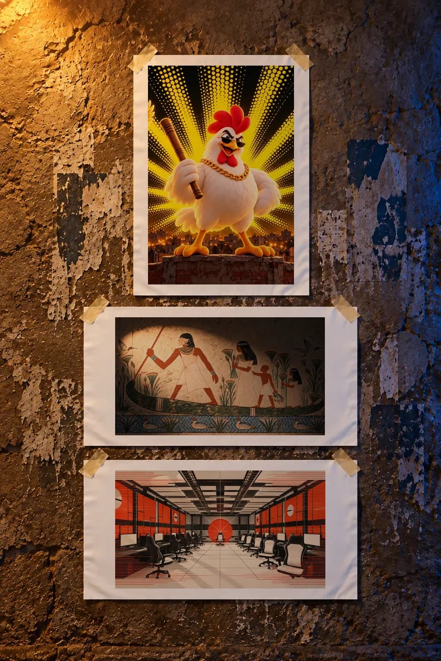 Posters for Bazooka Arcade, The Wall Remembers, Sightline and Low Poly Chess pasted on a Cairo wall at night